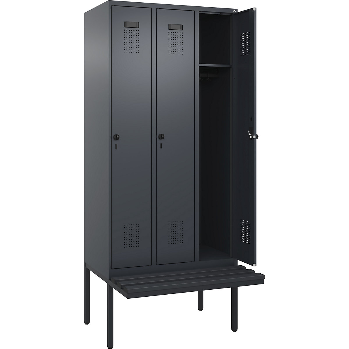 Armadietto con panca Evolo PLUS, 3 scomparti, grigio, largh. 900 mm, serratura girevole di sicurezza, con panca sporgente, plastica-0