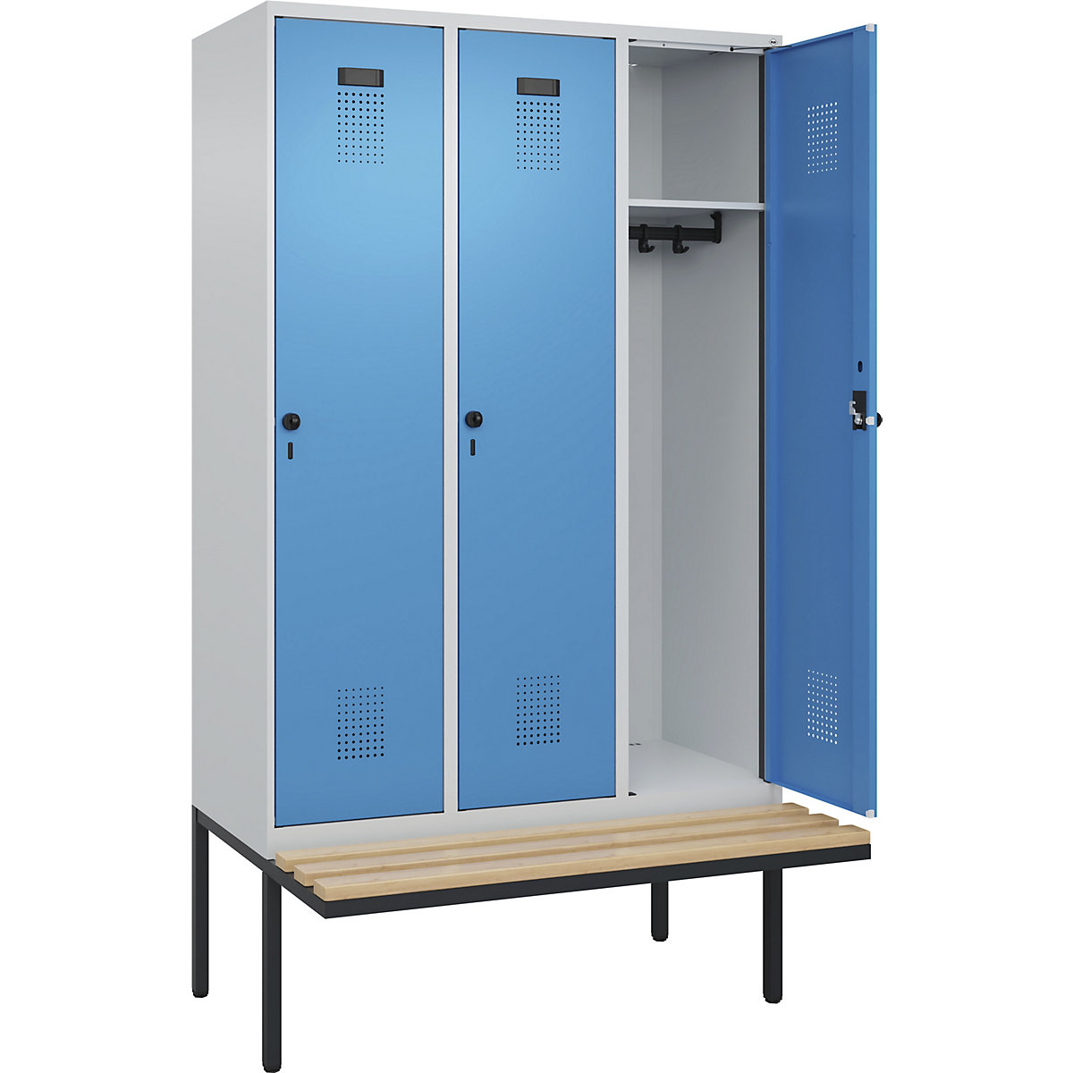 Armadietto con panca Evolo PLUS, 3 scomparti, grigio chiaro / blu chiaro, largh. 1200 mm, serratura girevole di sicurezza, con panca sporgente, faggio-0