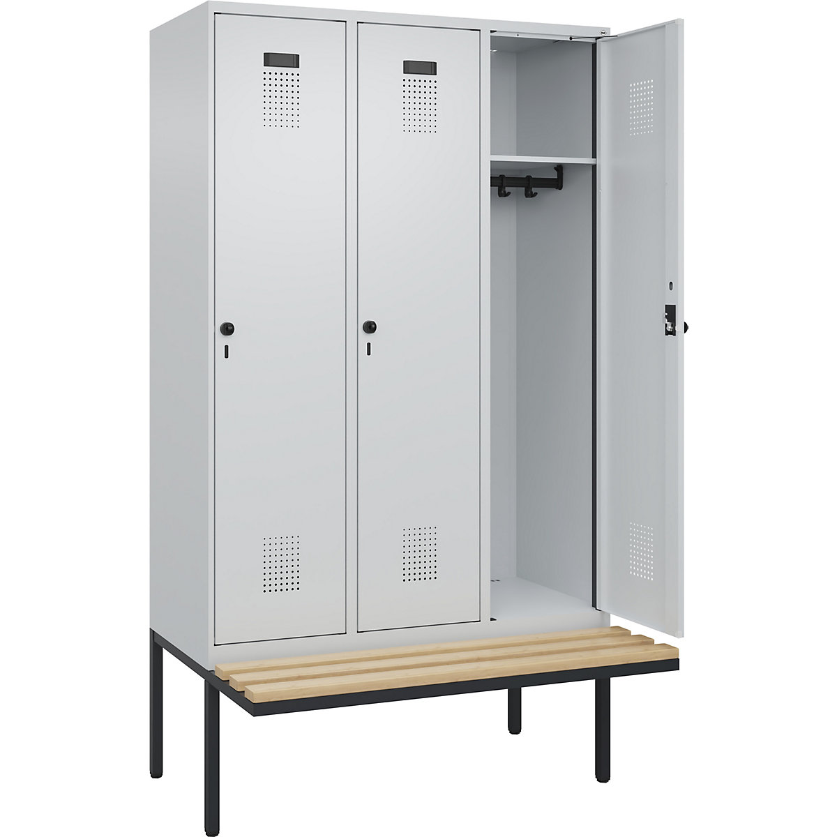 Armadietto con panca Evolo PLUS, 3 scomparti, grigio chiaro / grigio chiaro, largh. 1200 mm, serratura girevole di sicurezza, con panca sporgente, faggio-0