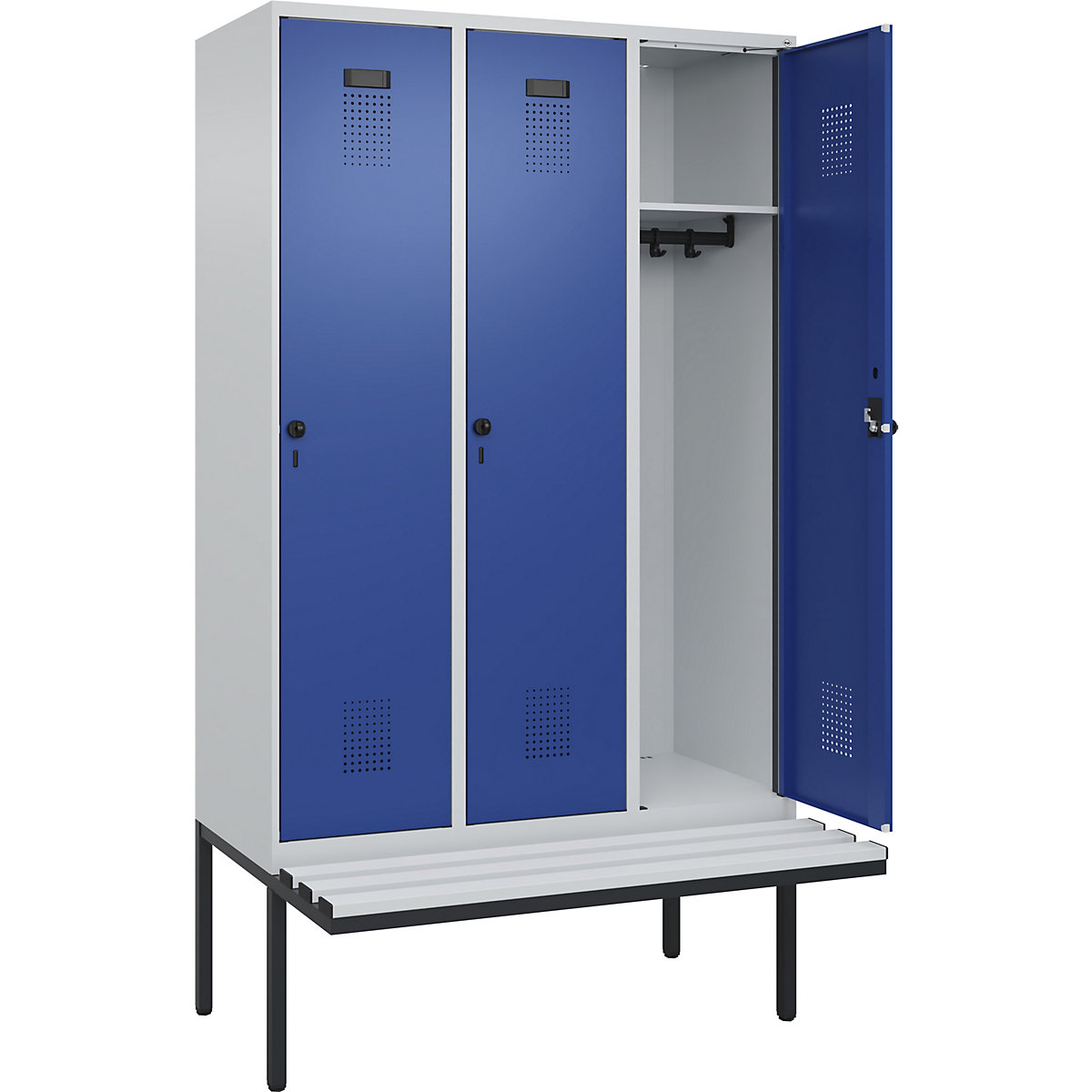 Armadietto con panca Evolo PLUS, 3 scomparti, grigio chiaro / blu genziana, largh. 1200 mm, serratura girevole di sicurezza, con panca sporgente, plastica-0