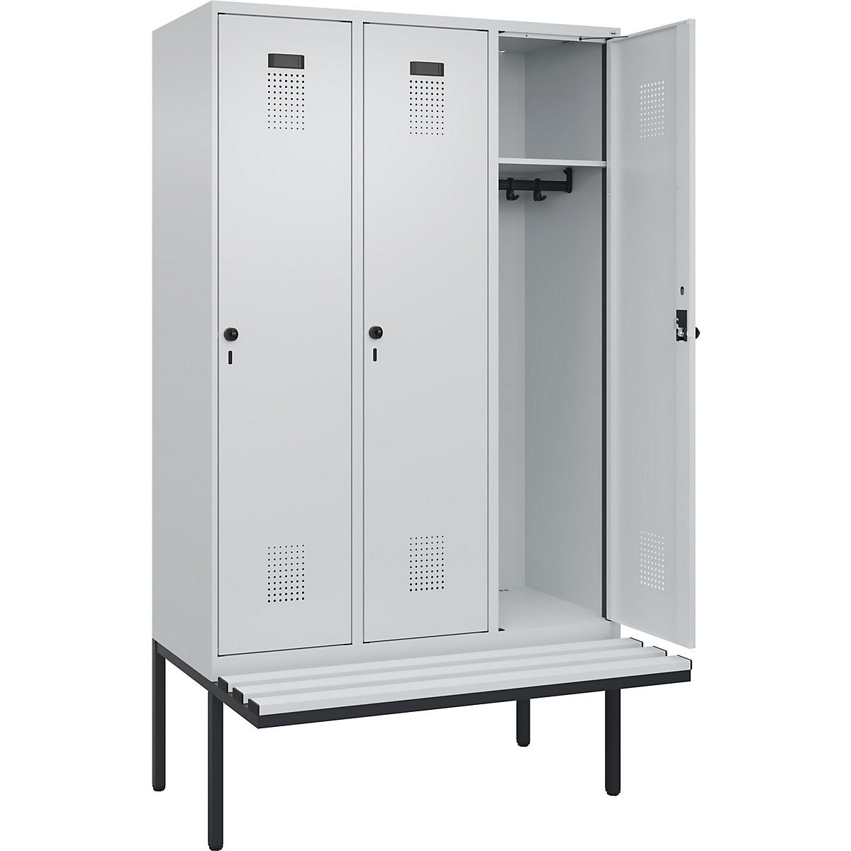 Armadietto con panca Evolo PLUS, 3 scomparti, grigio chiaro / grigio chiaro, largh. 1200 mm, serratura girevole di sicurezza, con panca sporgente, plastica-0