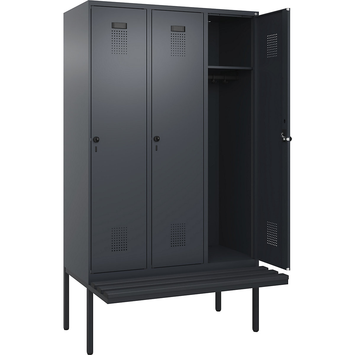 Armadietto con panca Evolo PLUS, 3 scomparti, grigio, largh. 1200 mm, serratura girevole di sicurezza, con panca sporgente, plastica-0