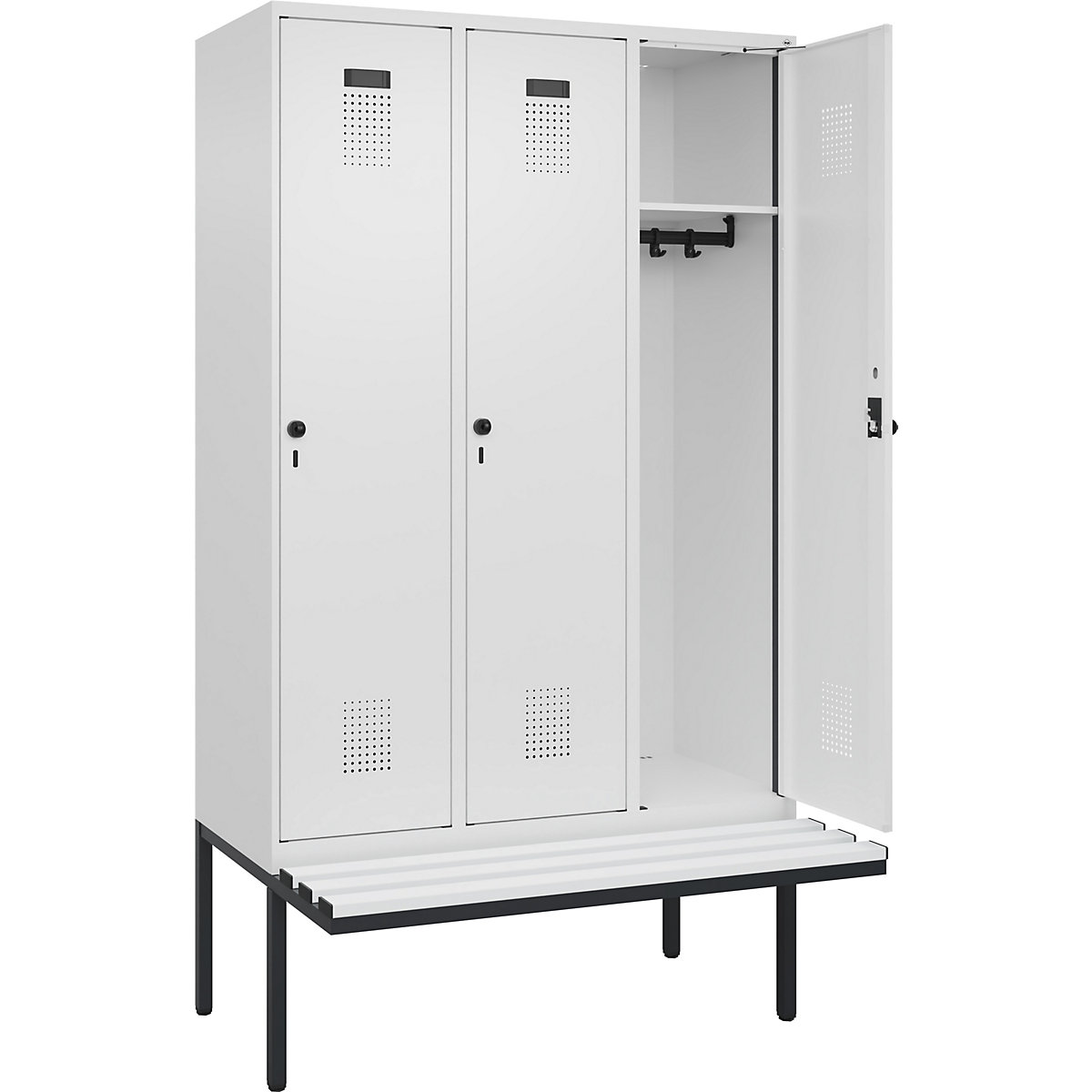 Armadietto con panca Evolo PLUS, 3 scomparti, bianco, largh. 1200 mm, serratura girevole di sicurezza, con panca sporgente, plastica-0