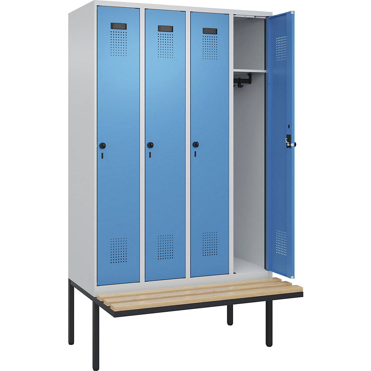 Armadietto con panca Evolo PLUS, 4 scomparti, grigio chiaro / blu chiaro, largh. 1200 mm, serratura girevole di sicurezza, con panca sporgente, faggio-0