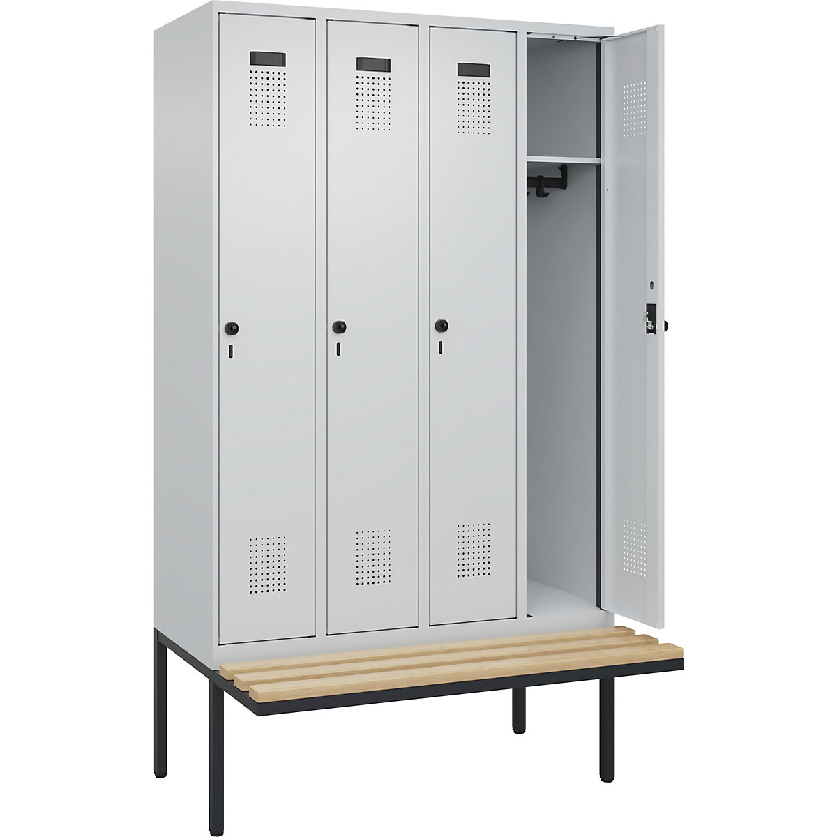 Armadietto con panca Evolo PLUS, 4 scomparti, grigio chiaro / grigio chiaro, largh. 1200 mm, serratura girevole di sicurezza, con panca sporgente, faggio-0