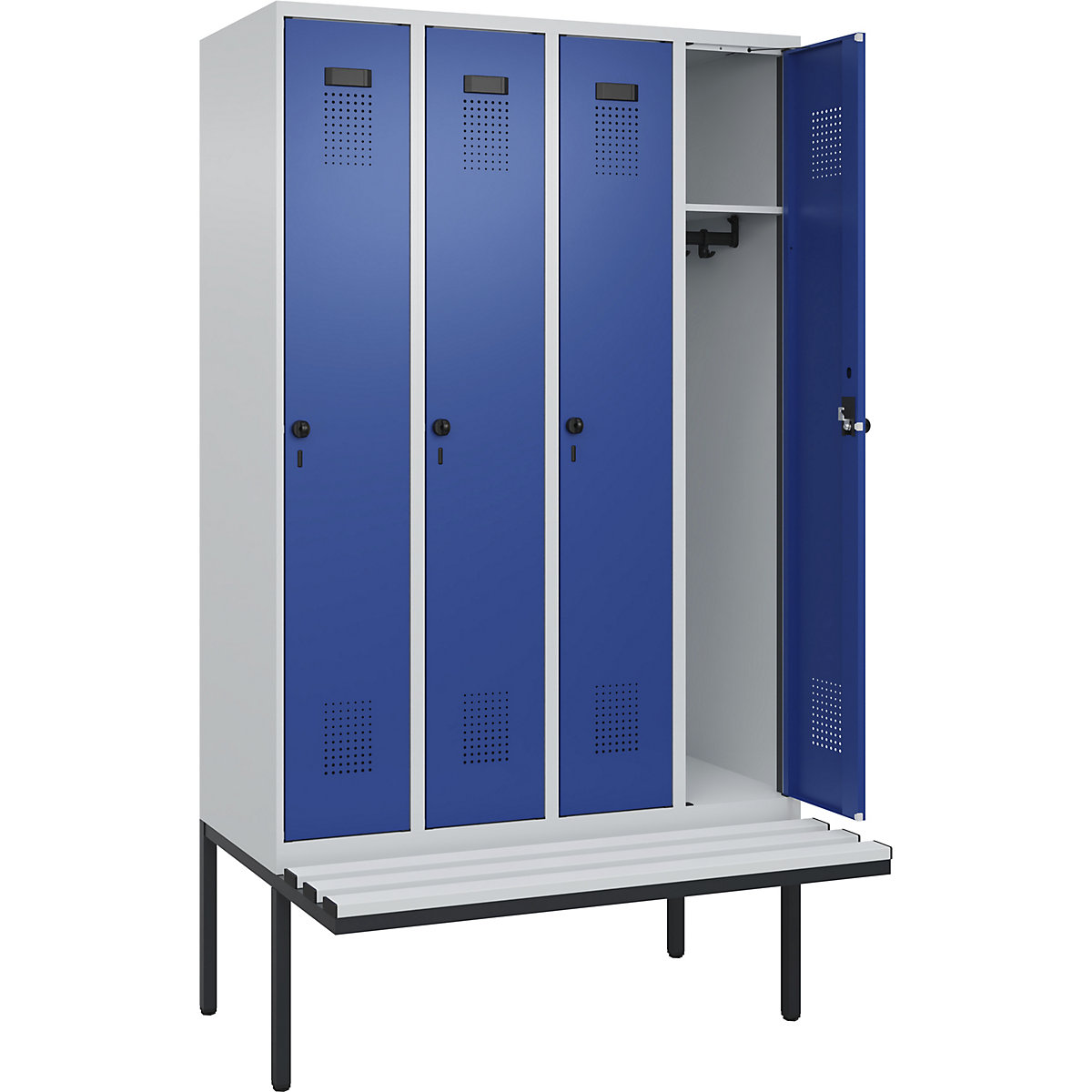 Armadietto con panca Evolo PLUS, 4 scomparti, grigio chiaro / blu genziana, largh. 1200 mm, serratura girevole di sicurezza, con panca sporgente, plastica-0