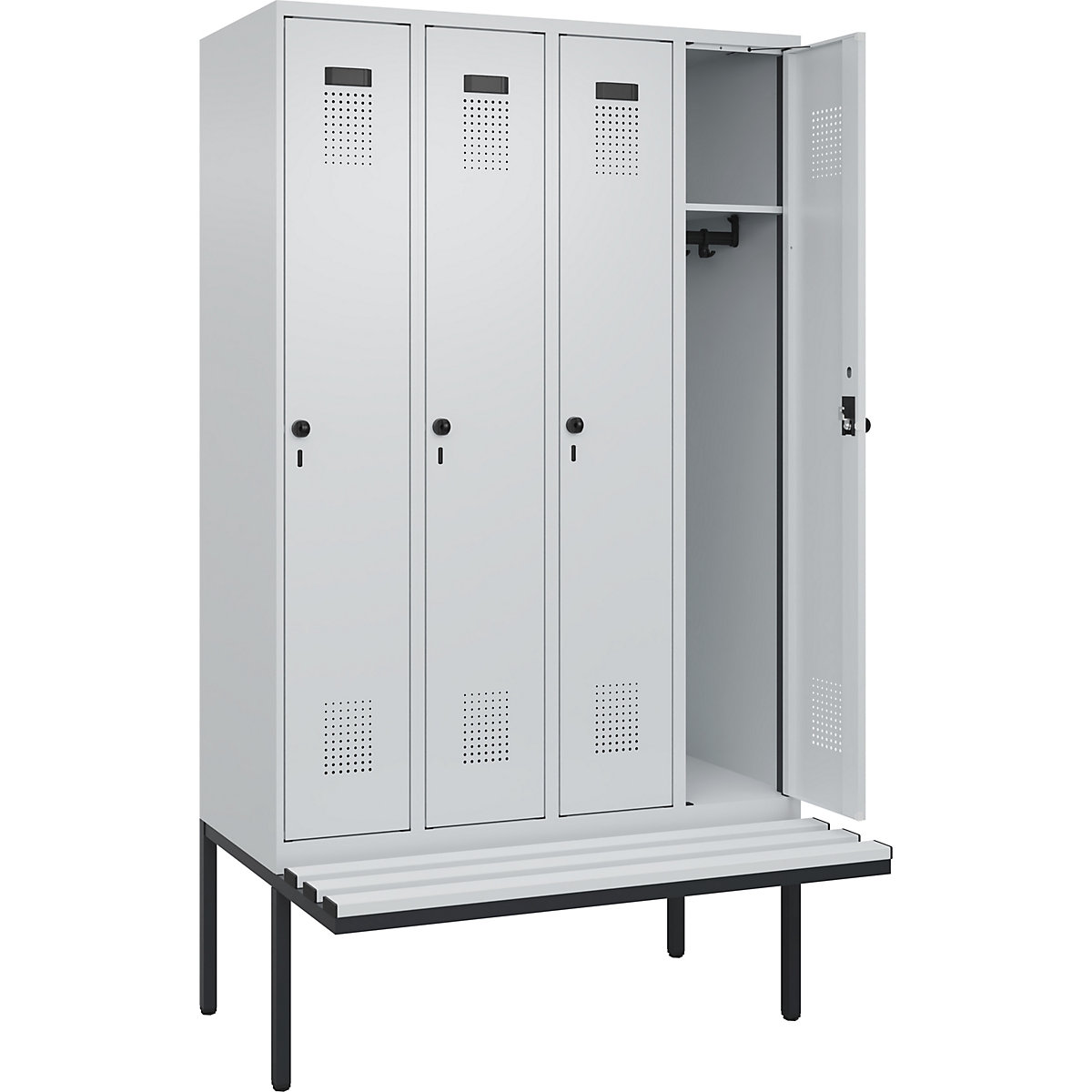 Armadietto con panca Evolo PLUS, 4 scomparti, grigio chiaro / grigio chiaro, largh. 1200 mm, serratura girevole di sicurezza, con panca sporgente, plastica-0