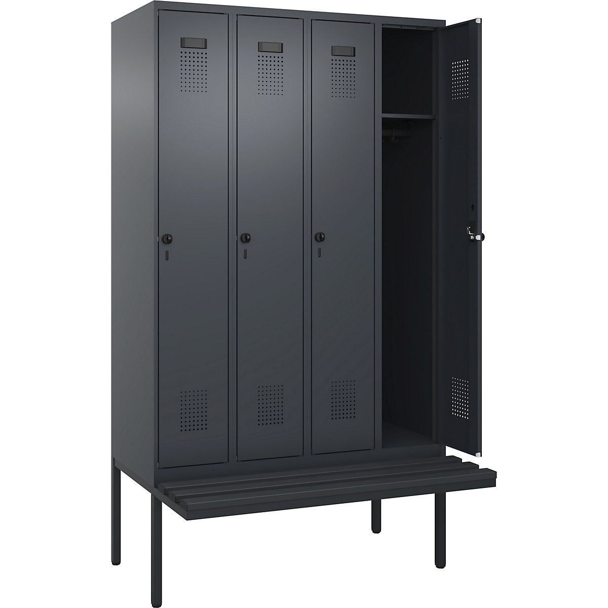 Armadietto con panca Evolo PLUS, 4 scomparti, grigio, largh. 1200 mm, serratura girevole di sicurezza, con panca sporgente, plastica-0