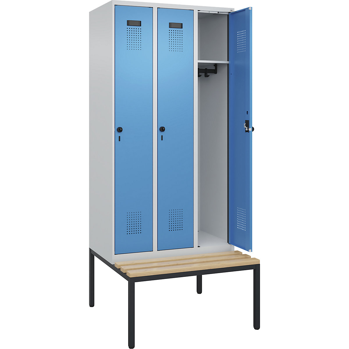 Armadietto con panca Evolo PLUS, 3 scomparti, grigio chiaro / blu chiaro, largh. 900 mm, serratura girevole di sicurezza, con panca integrata, faggio-0
