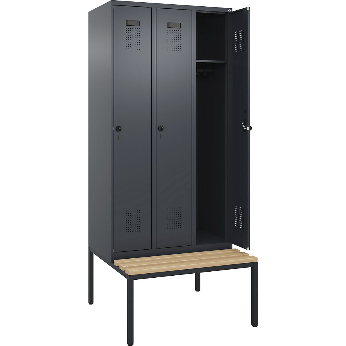 Armadietto con panca Evolo PLUS, 3 scomparti, grigio, largh. 900 mm, serratura girevole di sicurezza, con panca integrata, faggio-0