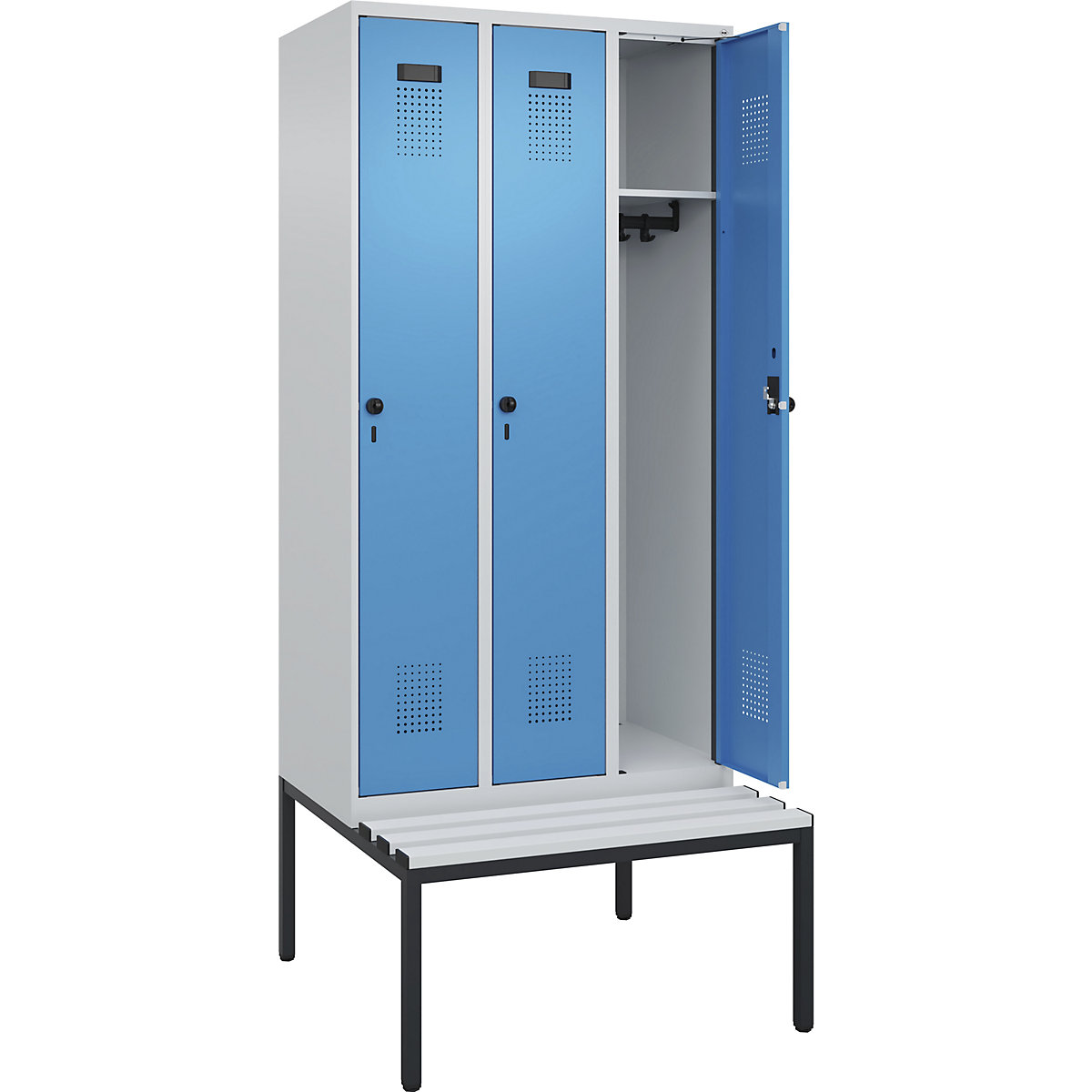 Armadietto con panca Evolo PLUS, 3 scomparti, grigio chiaro / blu chiaro, largh. 900 mm, serratura girevole di sicurezza, con panca integrata, plastica-0