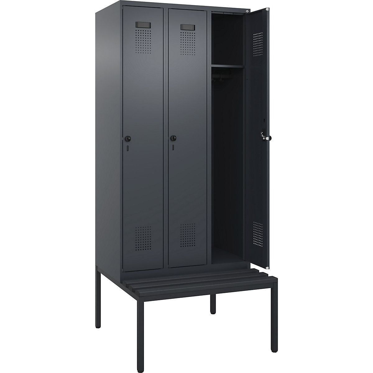 Armadietto con panca Evolo PLUS, 3 scomparti, grigio, largh. 900 mm, serratura girevole di sicurezza, con panca integrata, plastica-0