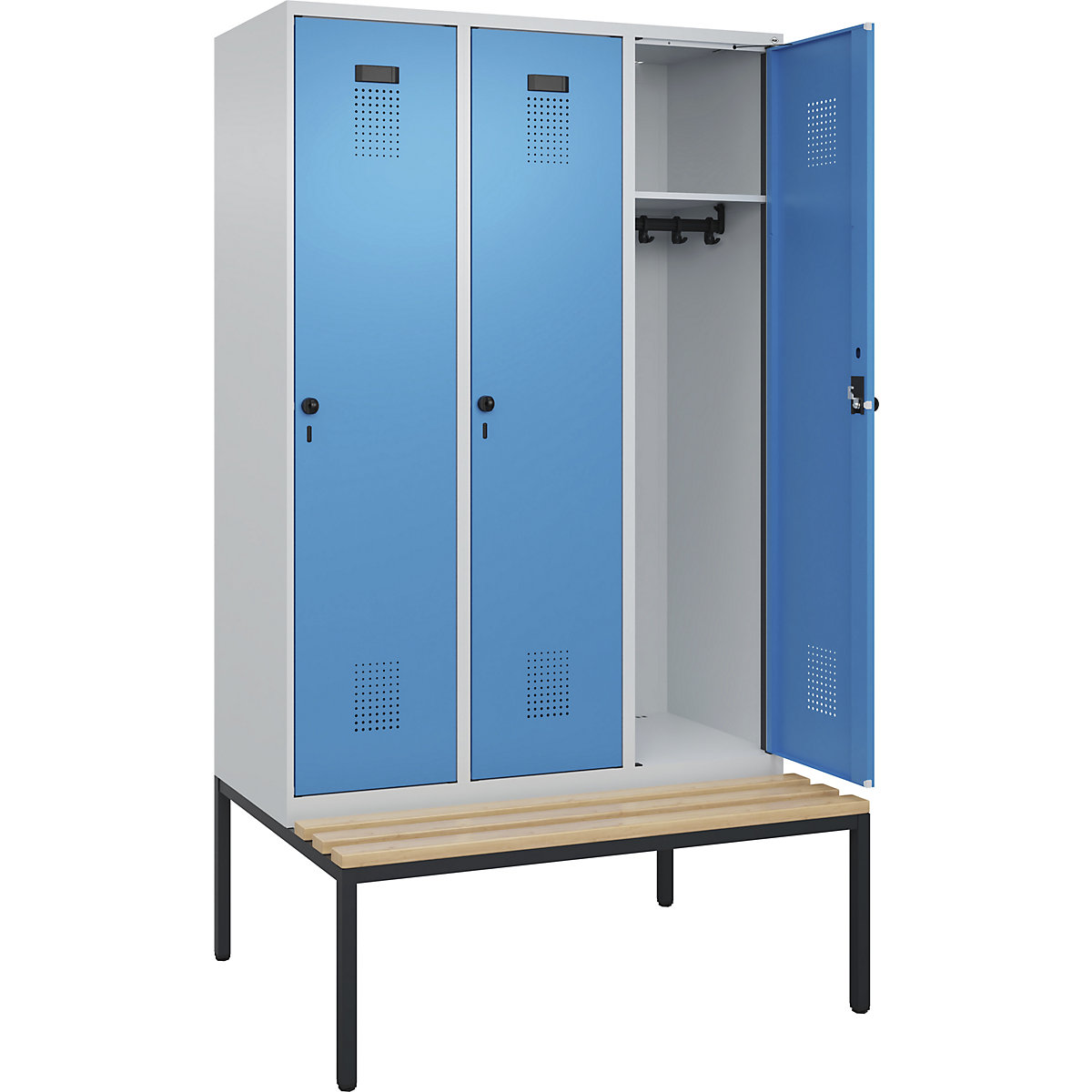 Armadietto con panca Evolo PLUS, 3 scomparti, grigio chiaro / blu chiaro, largh. 1200 mm, serratura girevole di sicurezza, con panca integrata, faggio-0