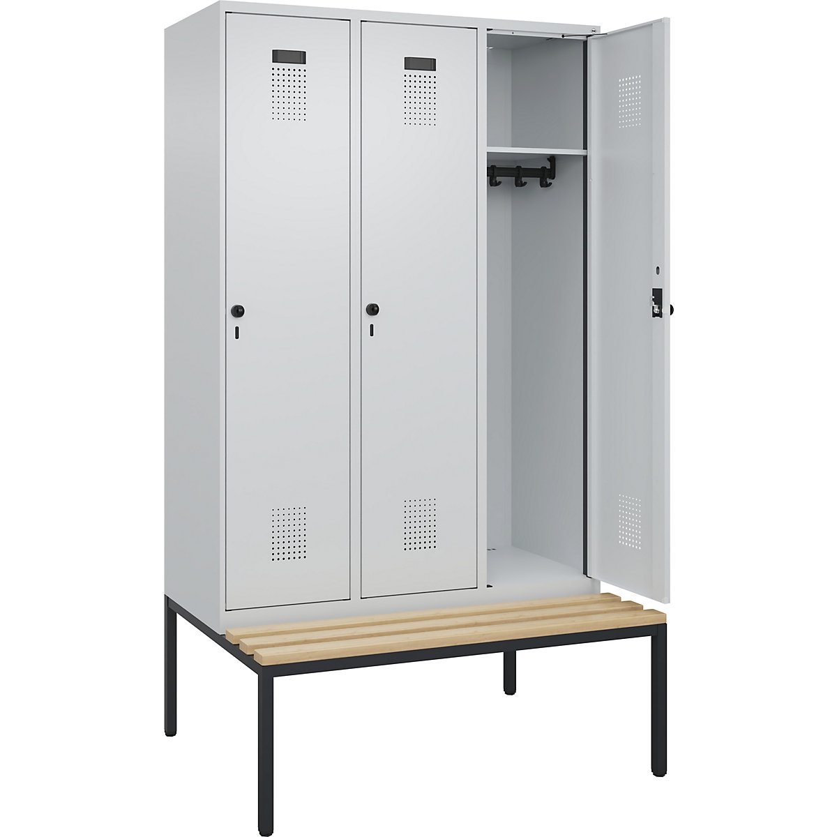 Armadietto con panca Evolo PLUS, 3 scomparti, grigio chiaro / grigio chiaro, largh. 1200 mm, serratura girevole di sicurezza, con panca integrata, faggio-0