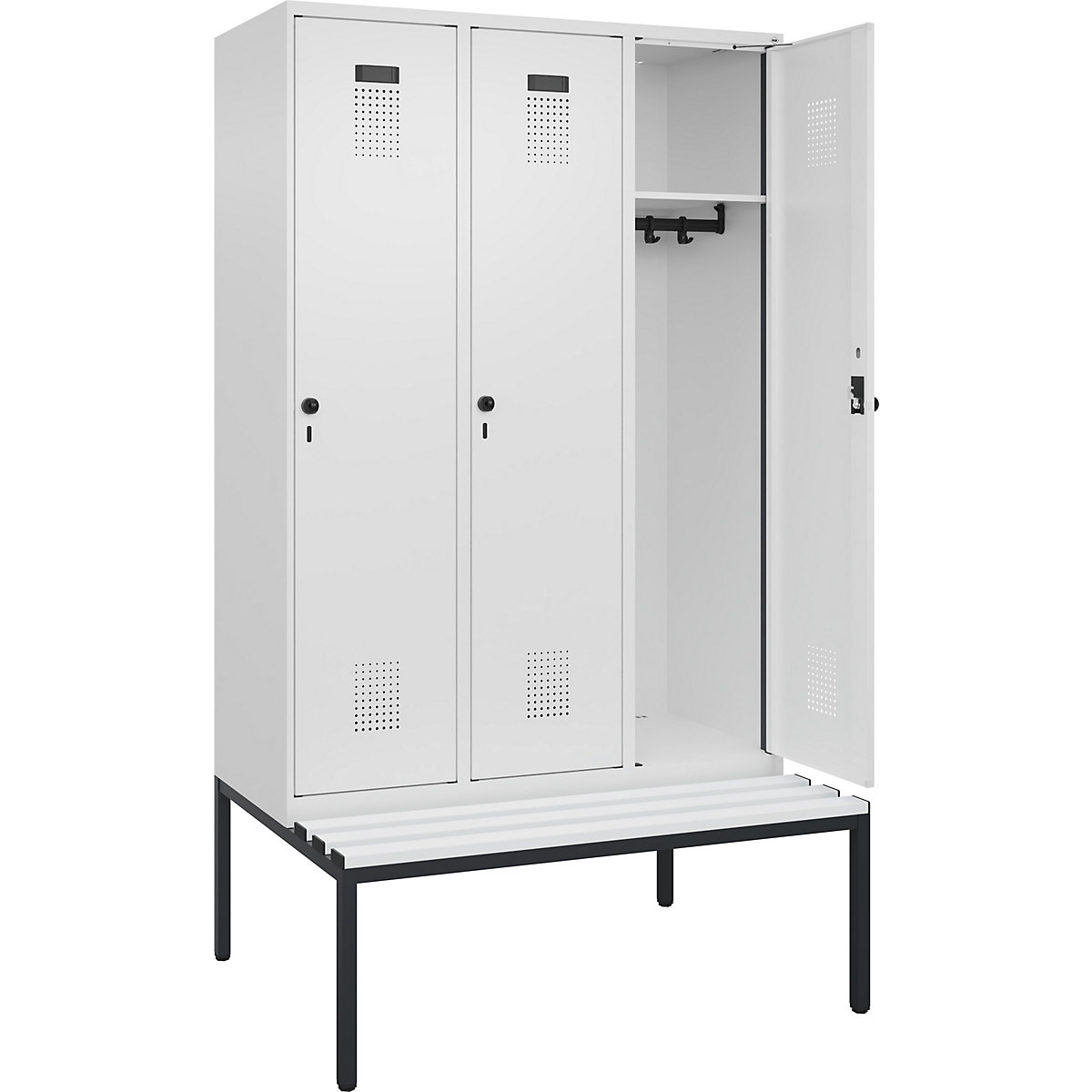 Armadietto con panca Evolo PLUS, 3 scomparti, bianco, largh. 1200 mm, serratura girevole di sicurezza, con panca integrata, plastica-0