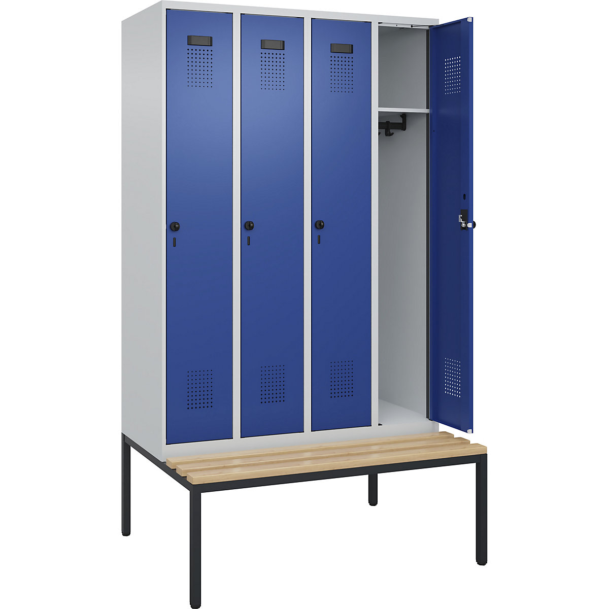 Armadietto con panca Evolo PLUS, 4 scomparti, grigio chiaro / blu genziana, largh. 1200 mm, serratura girevole di sicurezza, con panca integrata, faggio-0