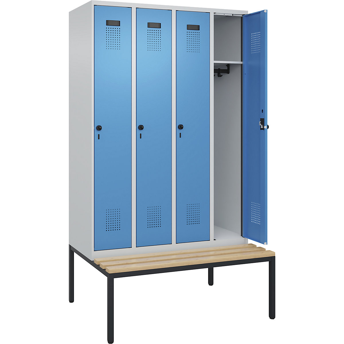 Armadietto con panca Evolo PLUS, 4 scomparti, grigio chiaro / blu chiaro, largh. 1200 mm, serratura girevole di sicurezza, con panca integrata, faggio-0