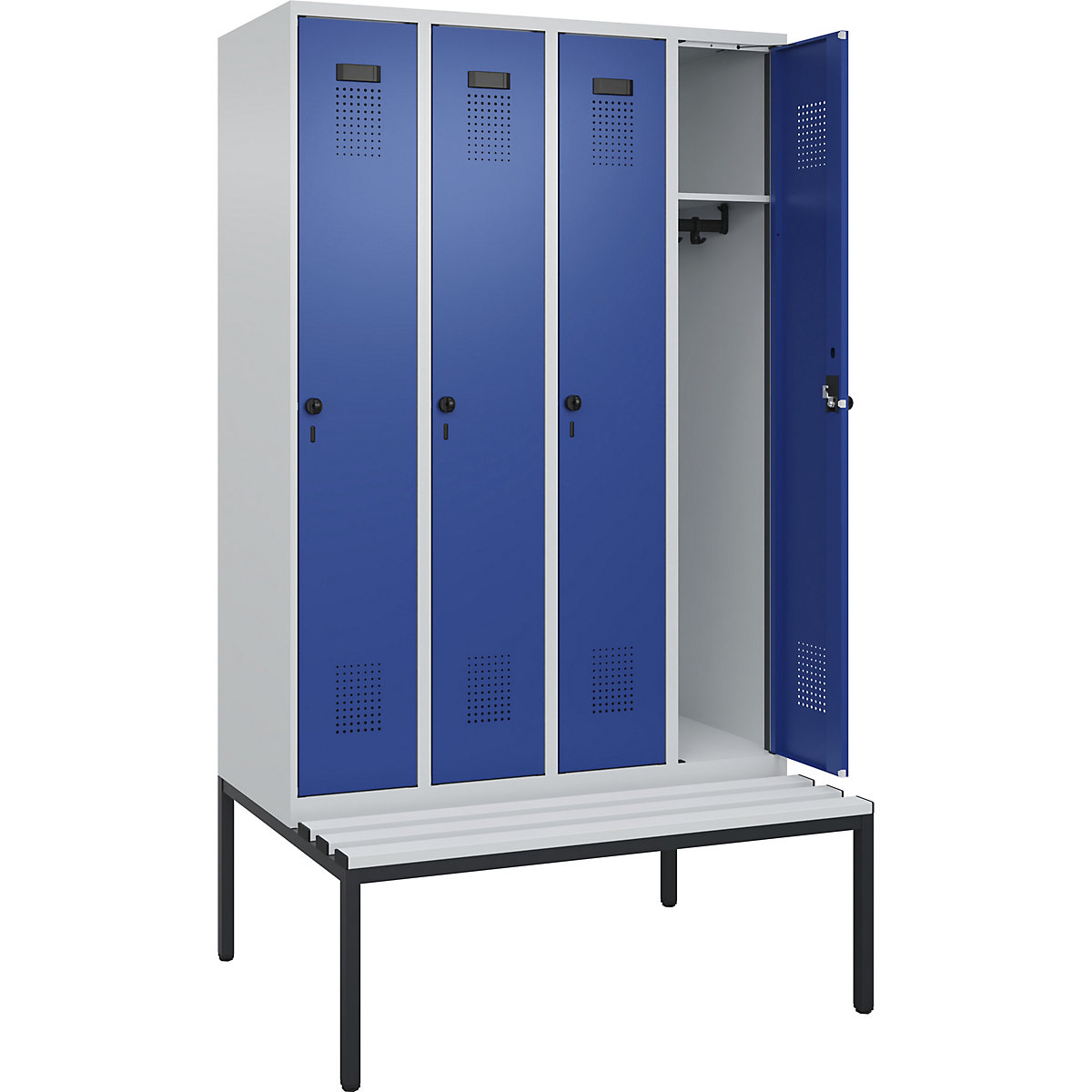 Armadietto con panca Evolo PLUS, 4 scomparti, grigio chiaro / blu genziana, largh. 1200 mm, serratura girevole di sicurezza, con panca integrata, plastica-0