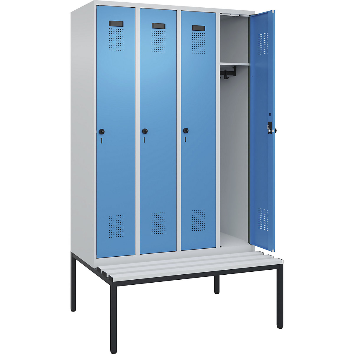 Armadietto con panca Evolo PLUS, 4 scomparti, grigio chiaro / blu chiaro, largh. 1200 mm, serratura girevole di sicurezza, con panca integrata, plastica-0