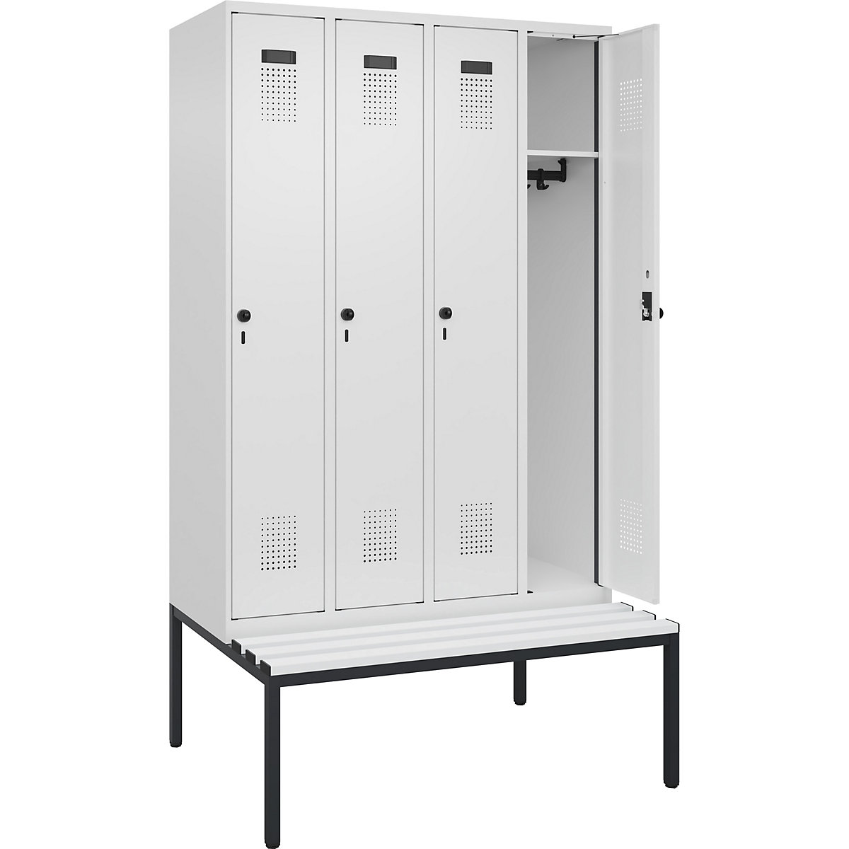 Armadietto con panca Evolo PLUS, 4 scomparti, bianco, largh. 1200 mm, serratura girevole di sicurezza, con panca integrata, plastica-0
