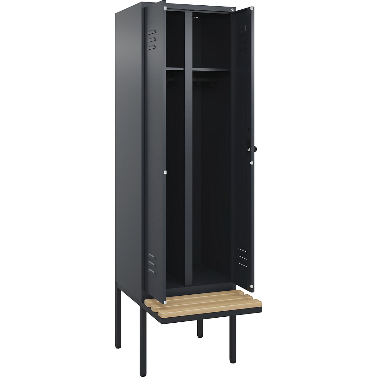 Armadietto sporco/pulito Classic PLUS con panca – C+P, 1 scomparto, grigio, largh. 600 mm, serratura girevole di sicurezza, panca sporgente, legno duro di faggio-0