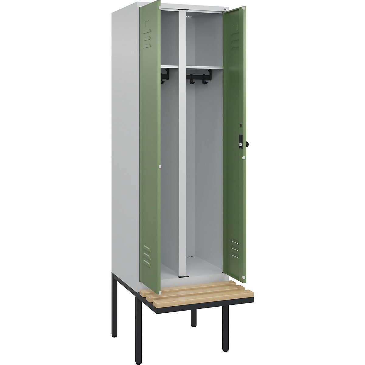 Armadietto sporco/pulito Classic PLUS con panca – C+P, 1 scomparto, grigio chiaro / verde reseda, largh. 600 mm, serratura girevole di sicurezza, panca sporgente, legno duro di faggio-0