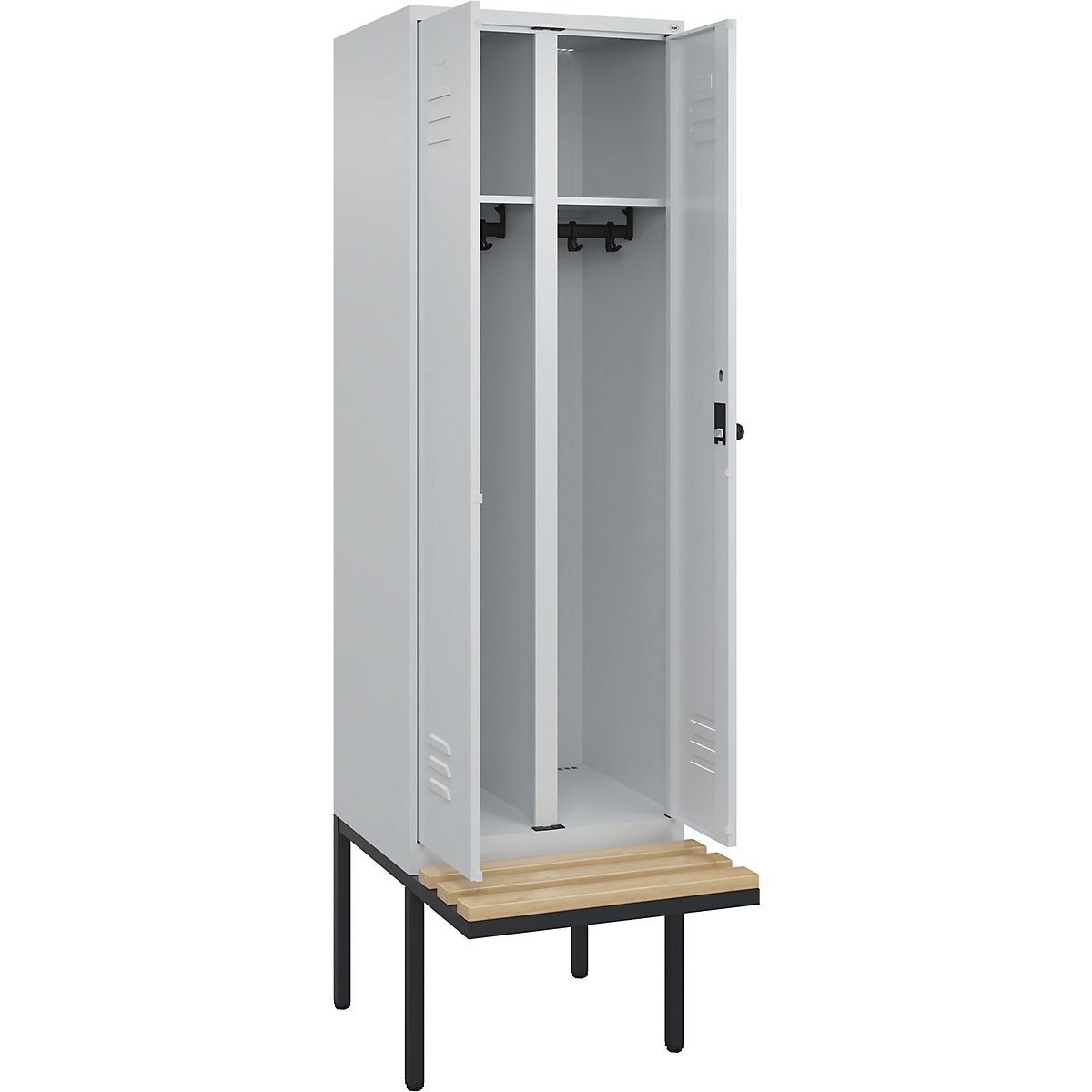 Armadietto sporco/pulito Classic PLUS con panca – C+P, 1 scomparto, grigio chiaro, largh. 600 mm, serratura girevole di sicurezza, panca sporgente, legno duro di faggio-0