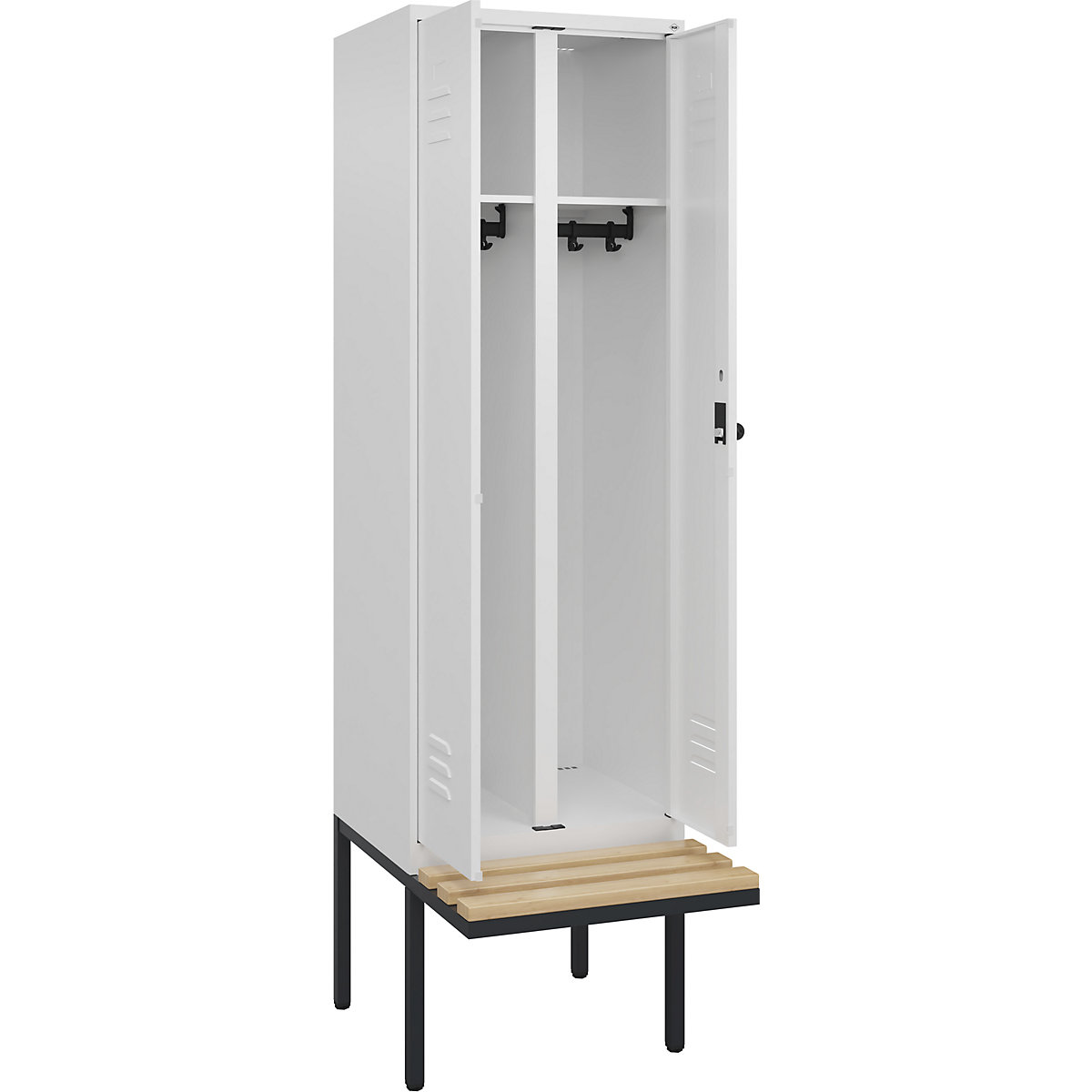 Armadietto sporco/pulito Classic PLUS con panca – C+P, 1 scomparto, bianco traffico, largh. 600 mm, serratura girevole di sicurezza, panca sporgente, legno duro di faggio-0