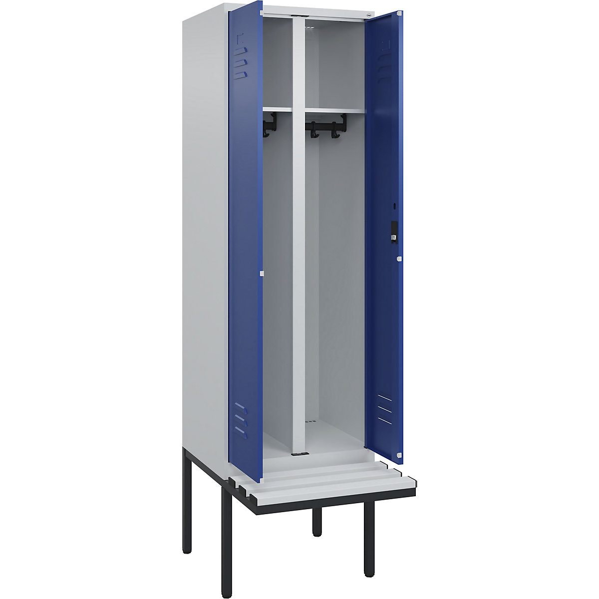 Armadietto sporco/pulito Classic PLUS con panca – C+P, 1 scomparto, grigio chiaro / blu genziana, largh. 600 mm, serratura a cilindro, panca sporgente, plastica-0