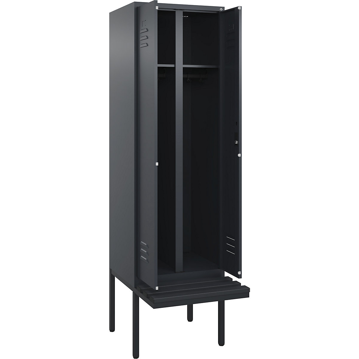 Armadietto sporco/pulito Classic PLUS con panca – C+P, 1 scomparto, grigio, largh. 600 mm, serratura a cilindro, panca sporgente, plastica-0