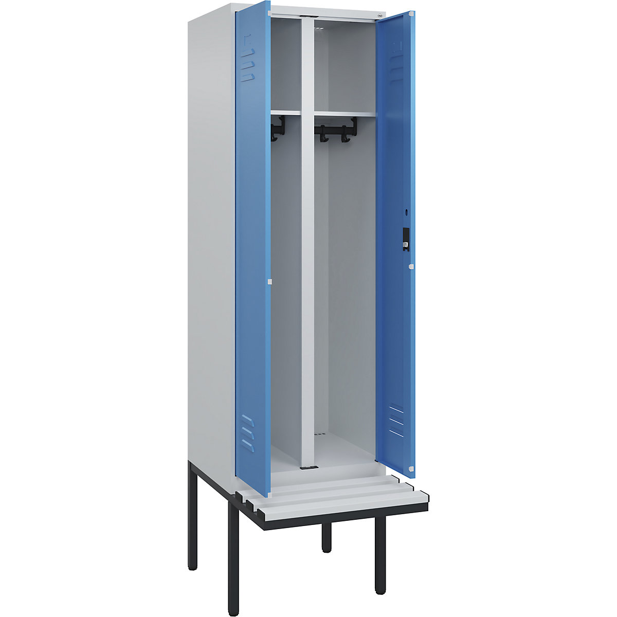 Armadietto sporco/pulito Classic PLUS con panca – C+P, 1 scomparto, grigio chiaro / blu chiaro, largh. 600 mm, serratura a cilindro, panca sporgente, plastica-0