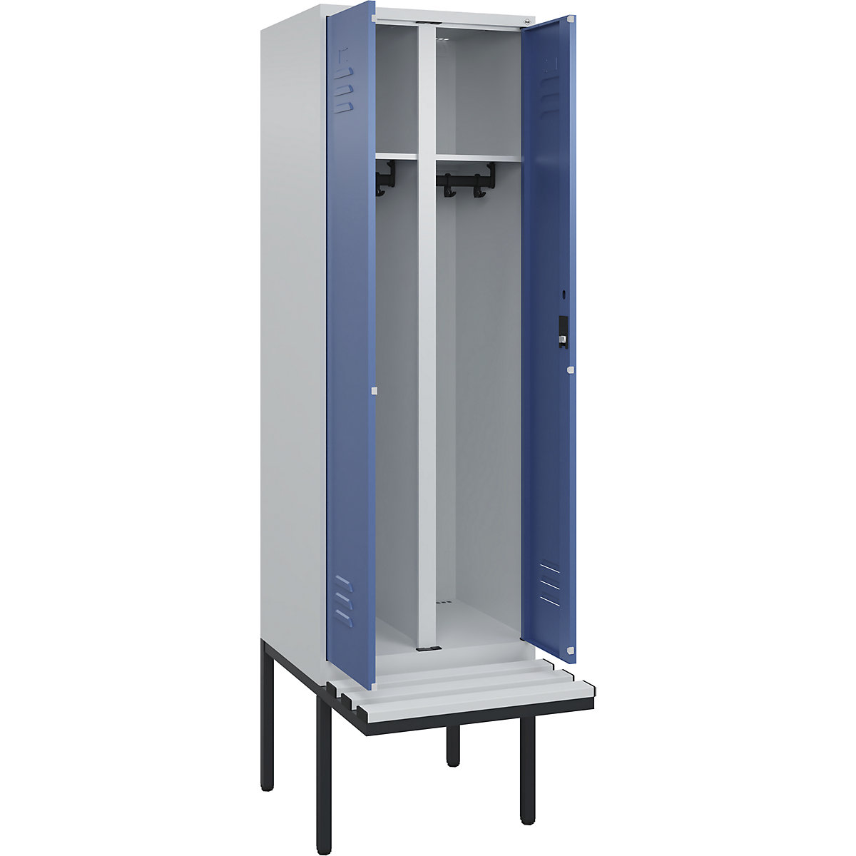 Armadietto sporco/pulito Classic PLUS con panca – C+P, 1 scomparto, grigio chiaro / indaco, largh. 600 mm, serratura a cilindro, panca sporgente, plastica-0