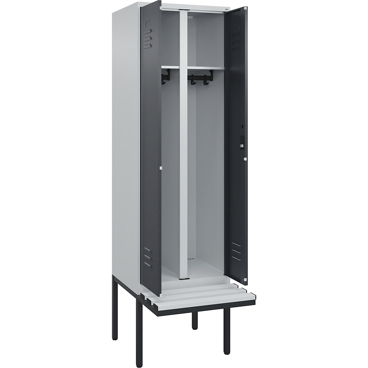 Armadietto sporco/pulito Classic PLUS con panca – C+P, 1 scomparto, grigio chiaro / grigio, largh. 600 mm, serratura a cilindro, panca sporgente, plastica-0