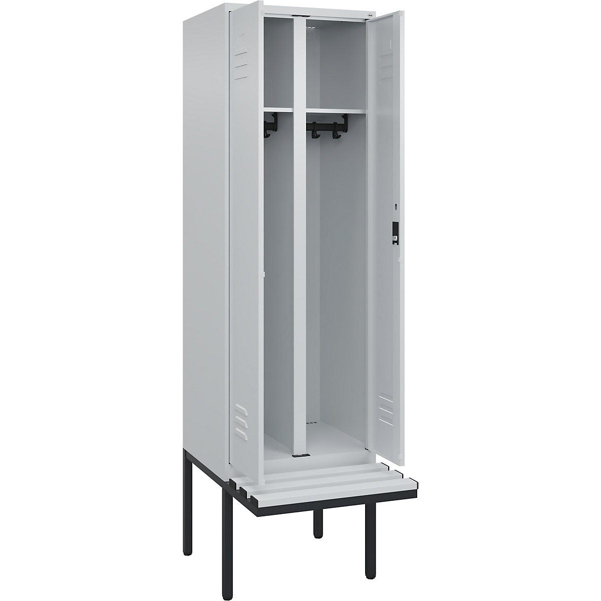 Armadietto sporco/pulito Classic PLUS con panca – C+P, 1 scomparto, grigio chiaro, largh. 600 mm, serratura a cilindro, panca sporgente, plastica-0