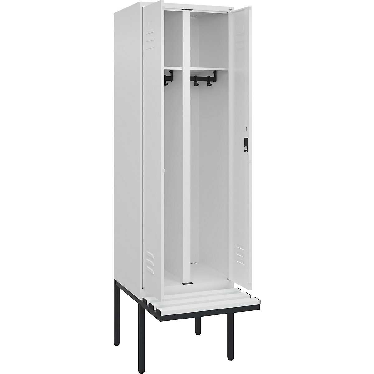 Armadietto sporco/pulito Classic PLUS con panca – C+P, 1 scomparto, bianco traffico, largh. 600 mm, serratura a cilindro, panca sporgente, plastica-0