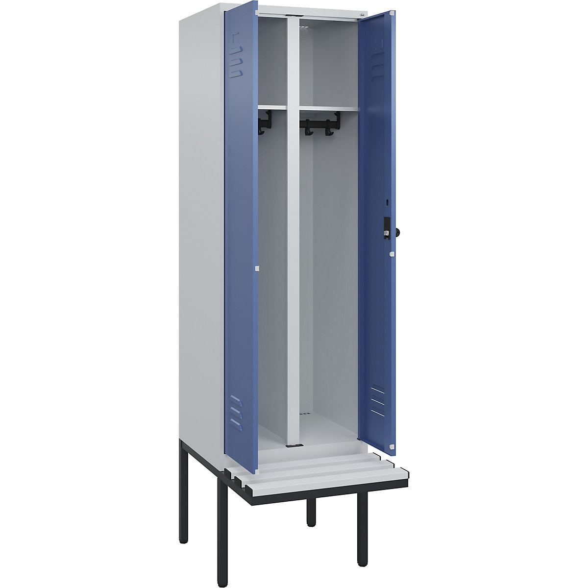 Armadietto sporco/pulito Classic PLUS con panca – C+P, 1 scomparto, grigio chiaro / indaco, largh. 600 mm, serratura girevole di sicurezza, panca sporgente, plastica-0