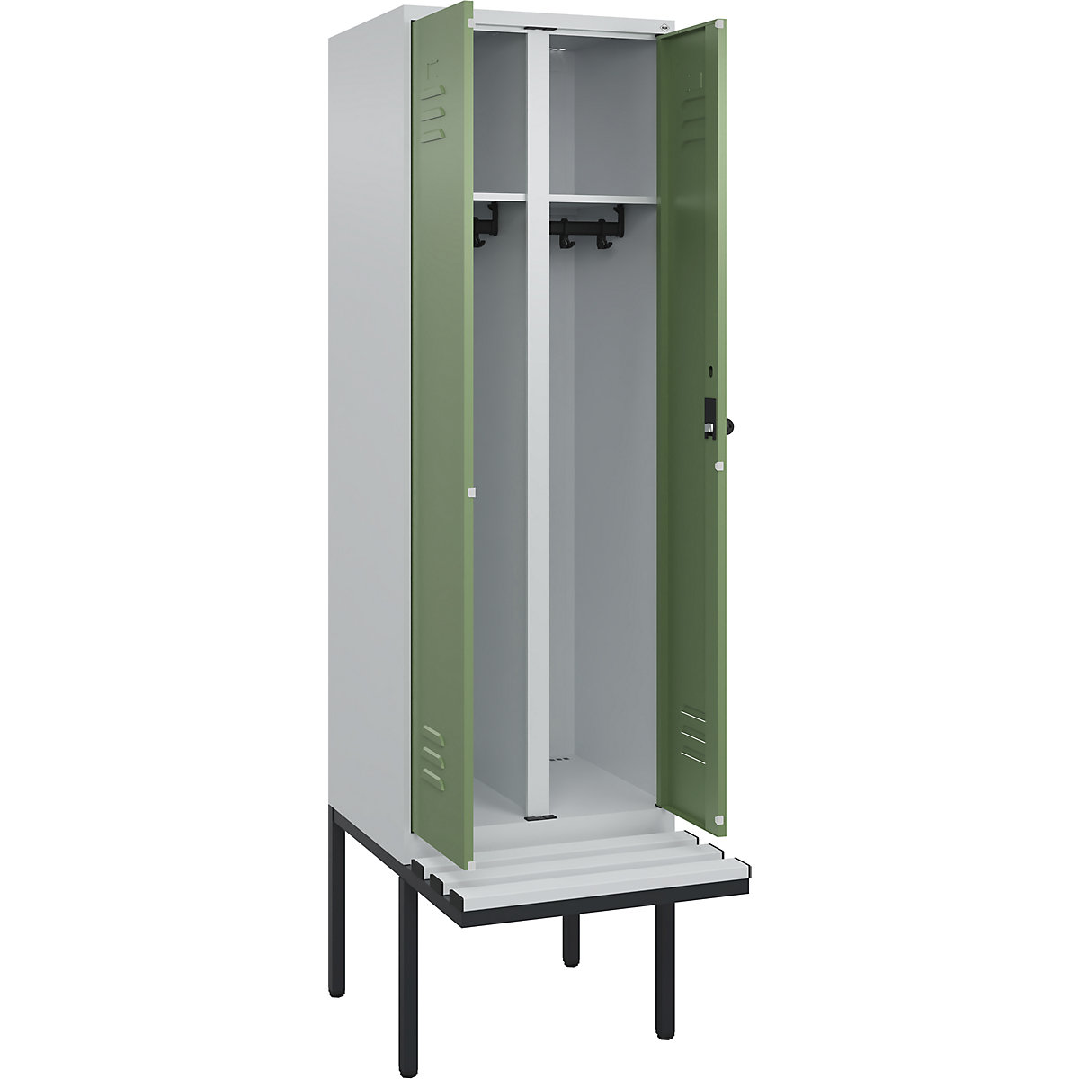 Armadietto sporco/pulito Classic PLUS con panca – C+P, 1 scomparto, grigio chiaro / verde reseda, largh. 600 mm, serratura girevole di sicurezza, panca sporgente, plastica-0