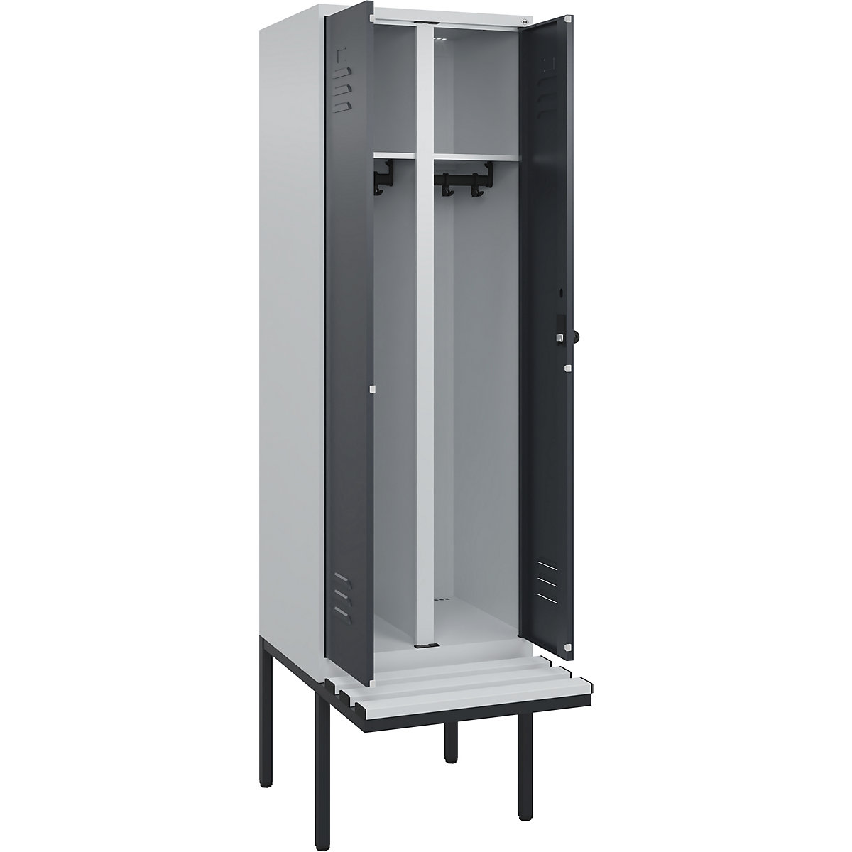 Armadietto sporco/pulito Classic PLUS con panca – C+P, 1 scomparto, grigio chiaro / grigio, largh. 600 mm, serratura girevole di sicurezza, panca sporgente, plastica-0