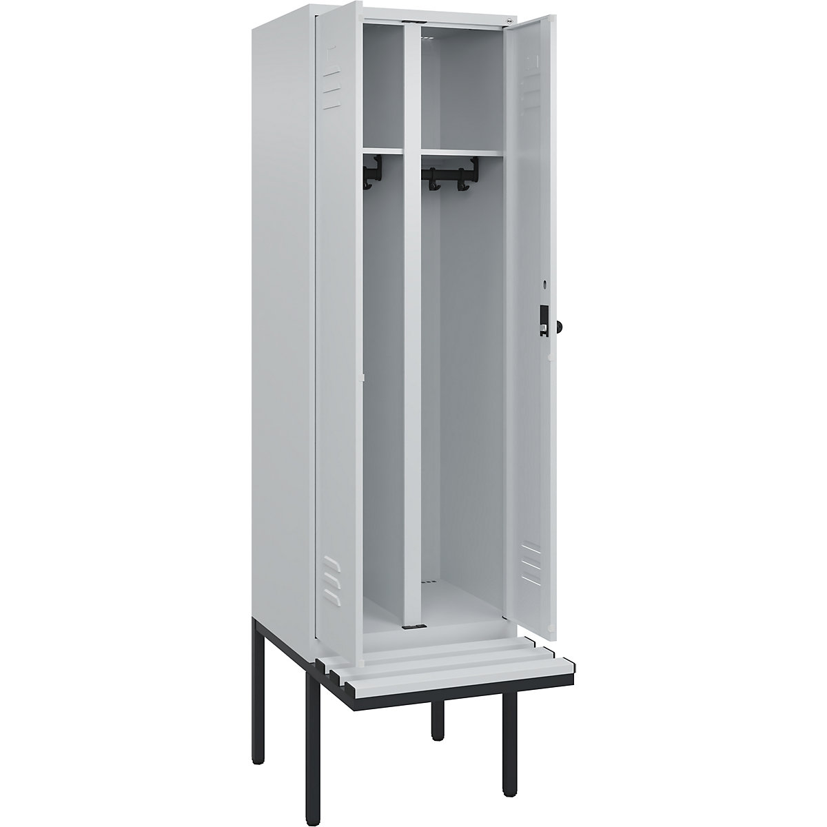 Armadietto sporco/pulito Classic PLUS con panca – C+P, 1 scomparto, grigio chiaro, largh. 600 mm, serratura girevole di sicurezza, panca sporgente, plastica-0
