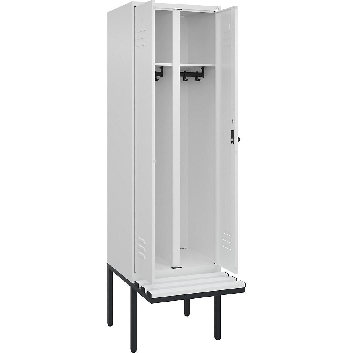Armadietto sporco/pulito Classic PLUS con panca – C+P, 1 scomparto, bianco traffico, largh. 600 mm, serratura girevole di sicurezza, panca sporgente, plastica-0