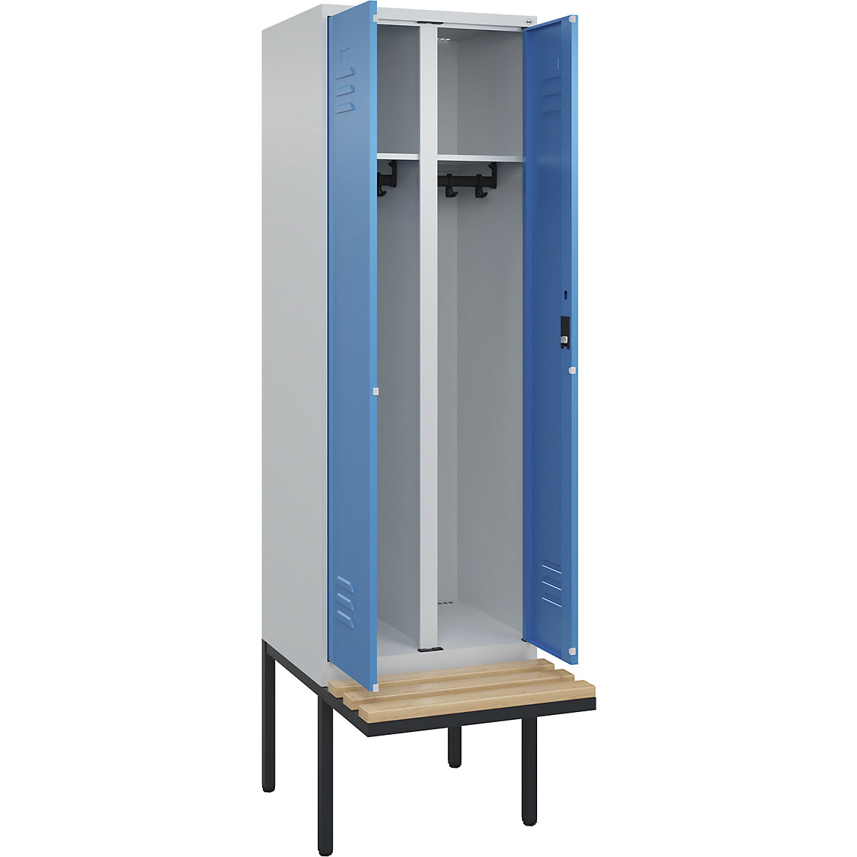 Armadietto sporco/pulito Classic PLUS con panca – C+P, 1 scomparto, grigio chiaro / blu chiaro, largh. 600 mm, serratura a cilindro, panca sporgente, legno duro di faggio-0