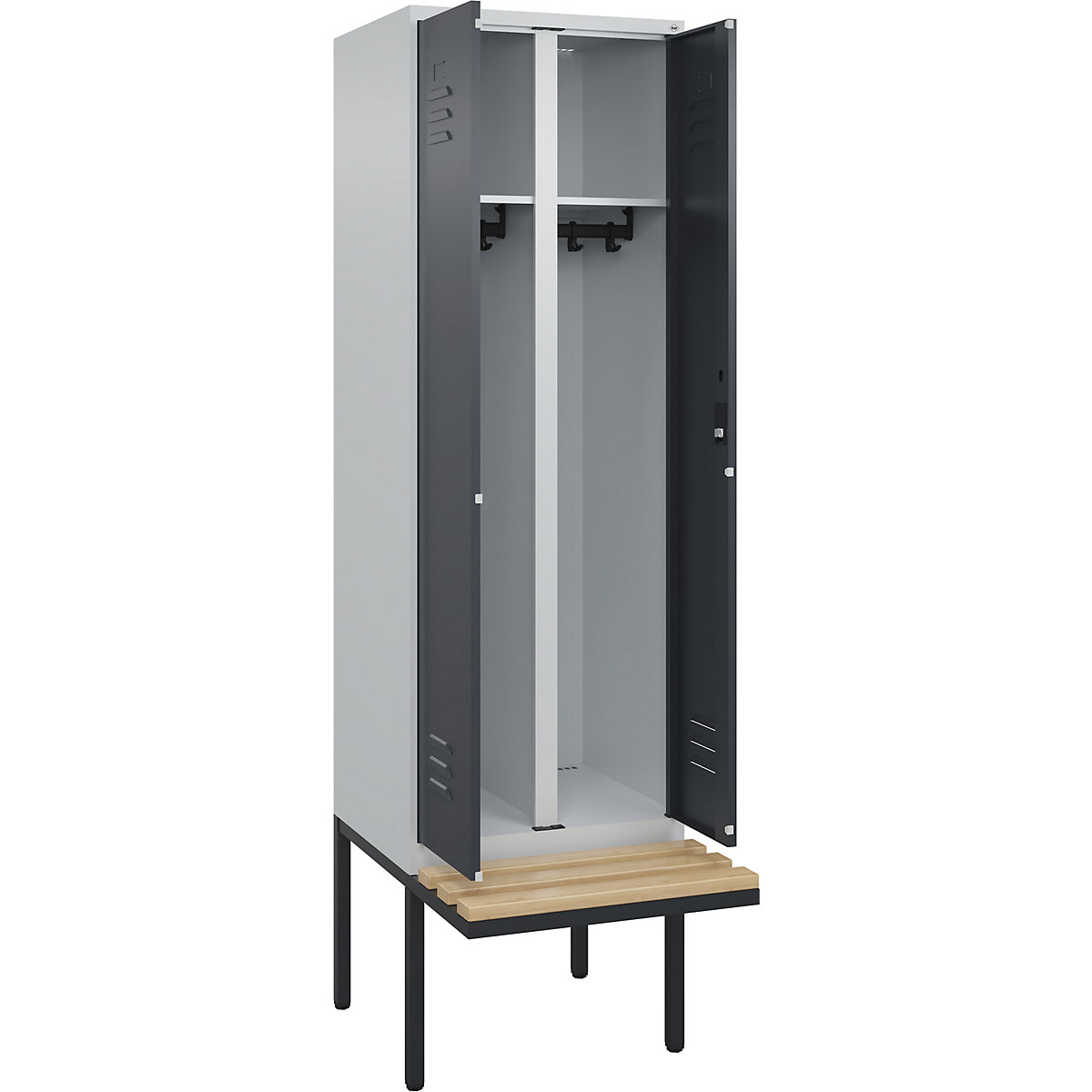 Armadietto sporco/pulito Classic PLUS con panca – C+P, 1 scomparto, grigio chiaro / grigio, largh. 600 mm, serratura a cilindro, panca sporgente, legno duro di faggio-0