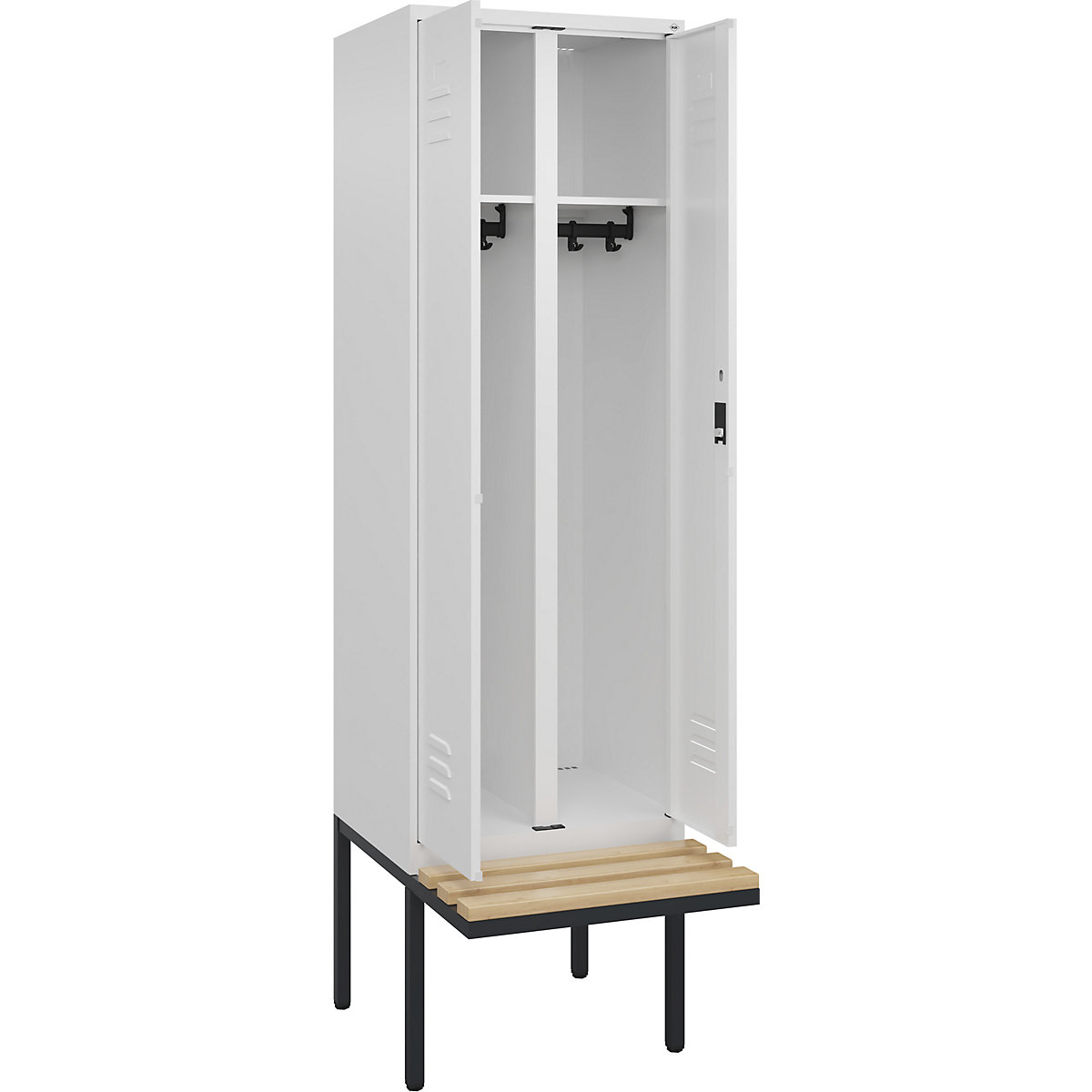 Armadietto sporco/pulito Classic PLUS con panca – C+P, 1 scomparto, bianco traffico, largh. 600 mm, serratura a cilindro, panca sporgente, legno duro di faggio-0