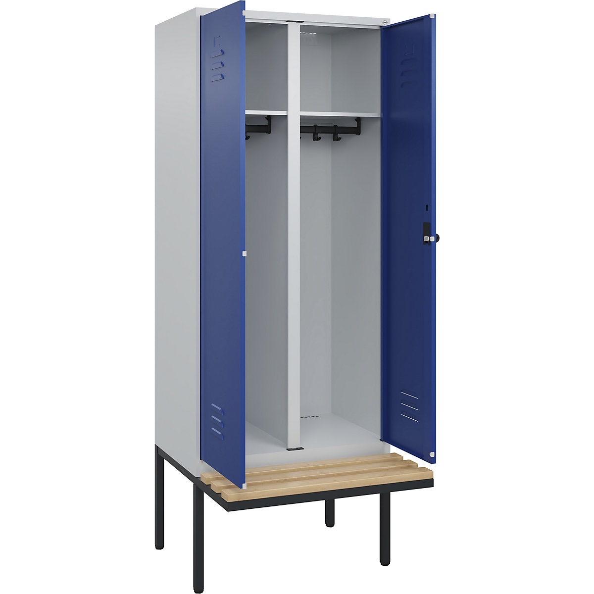 Armadietto sporco/pulito Classic PLUS con panca – C+P, 1 scomparto, grigio chiaro / blu genziana, largh. 800 mm, serratura girevole di sicurezza, panca sporgente, legno duro di faggio-0