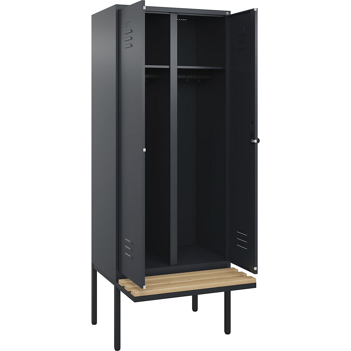 Armadietto sporco/pulito Classic PLUS con panca – C+P, 1 scomparto, grigio, largh. 800 mm, serratura girevole di sicurezza, panca sporgente, legno duro di faggio-0