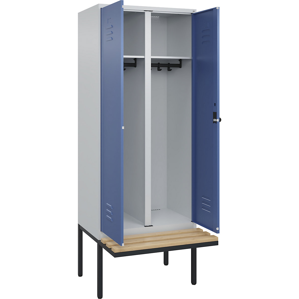 Armadietto sporco/pulito Classic PLUS con panca – C+P, 1 scomparto, grigio chiaro / indaco, largh. 800 mm, serratura girevole di sicurezza, panca sporgente, legno duro di faggio-0