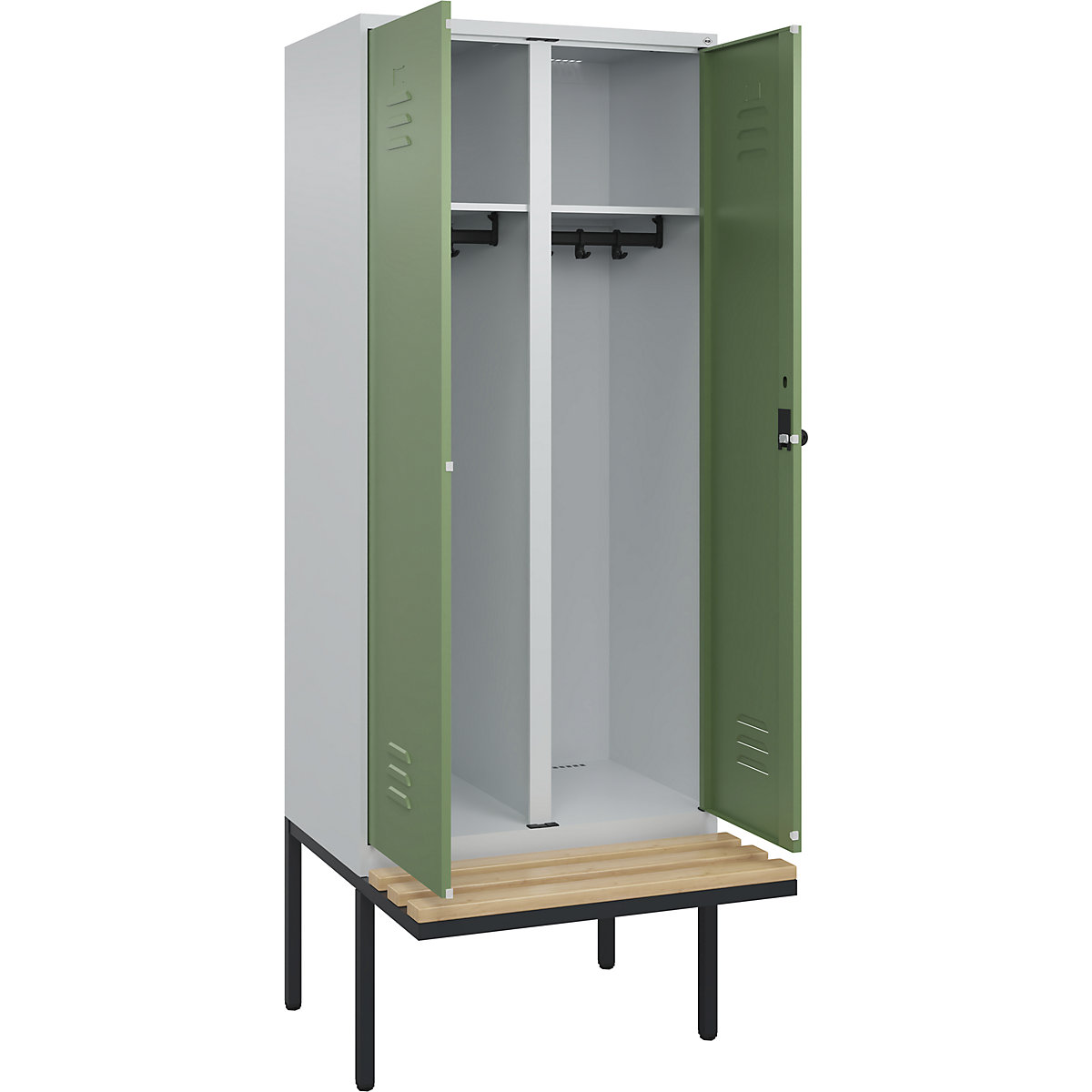 Armadietto sporco/pulito Classic PLUS con panca – C+P, 1 scomparto, grigio chiaro / verde reseda, largh. 800 mm, serratura girevole di sicurezza, panca sporgente, legno duro di faggio-0