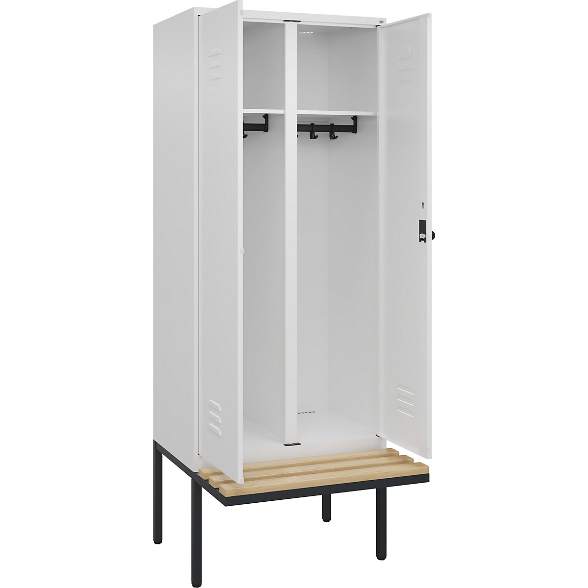 Armadietto sporco/pulito Classic PLUS con panca – C+P, 1 scomparto, bianco traffico, largh. 800 mm, serratura girevole di sicurezza, panca sporgente, legno duro di faggio-0