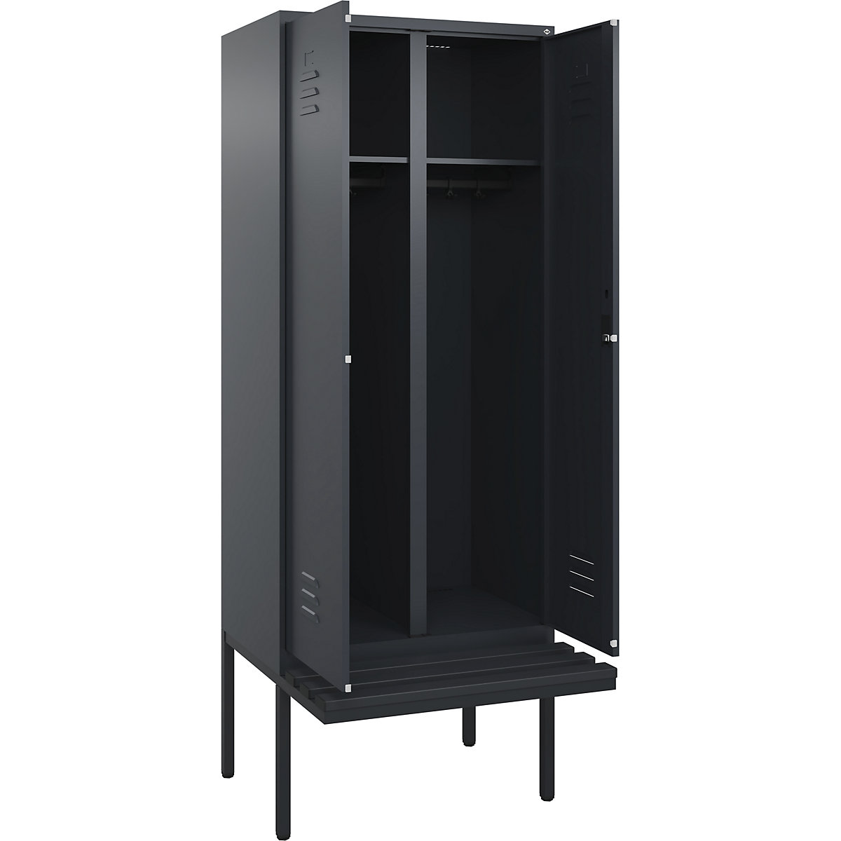 Armadietto sporco/pulito Classic PLUS con panca – C+P, 1 scomparto, grigio, largh. 800 mm, serratura a cilindro, panca sporgente, plastica-0