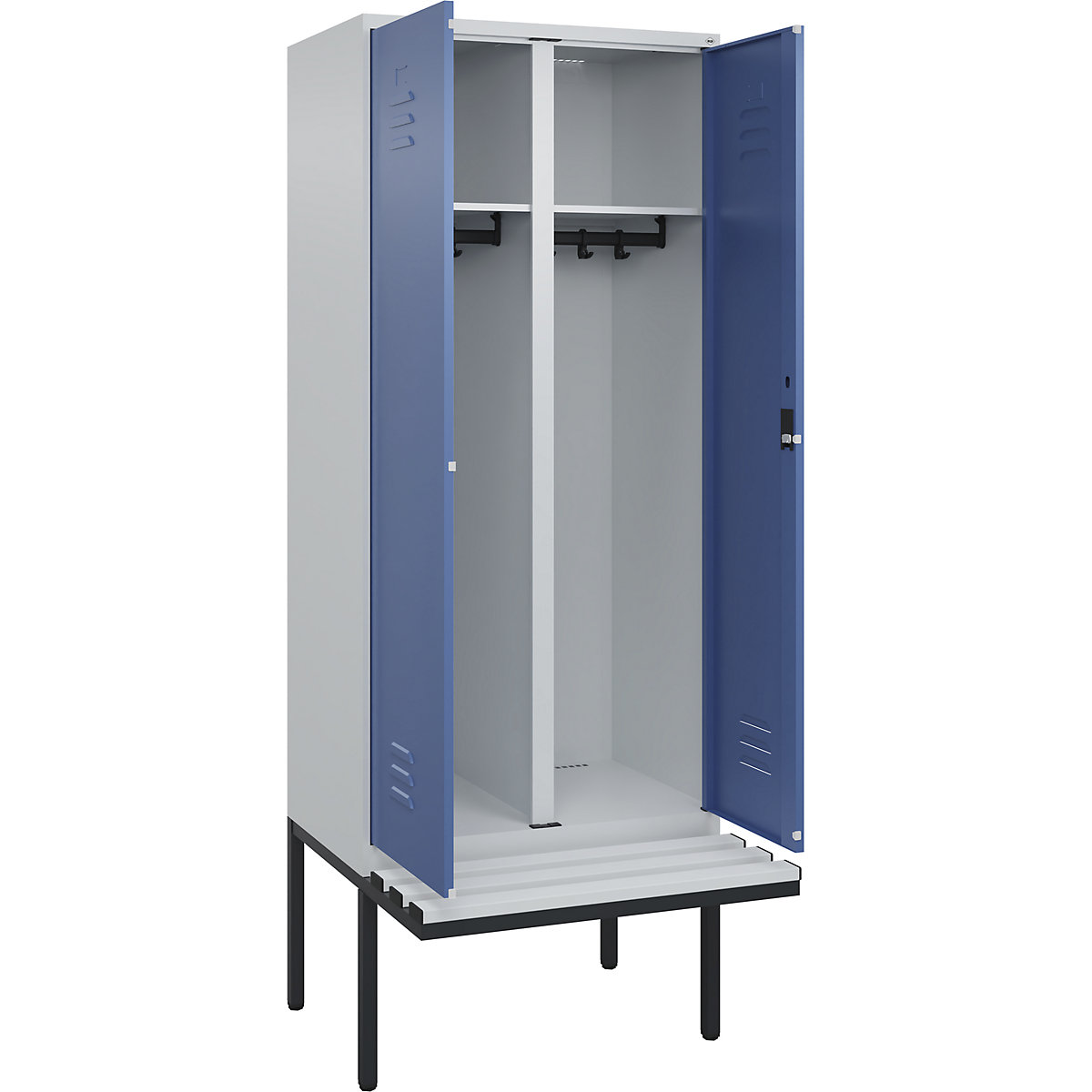 Armadietto sporco/pulito Classic PLUS con panca – C+P, 1 scomparto, grigio chiaro / indaco, largh. 800 mm, serratura a cilindro, panca sporgente, plastica-0